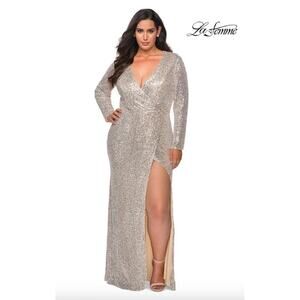 La Femme Dress Size 16 NEW Cream Silver Sequin Gown $438 Maxi Evening V Neck